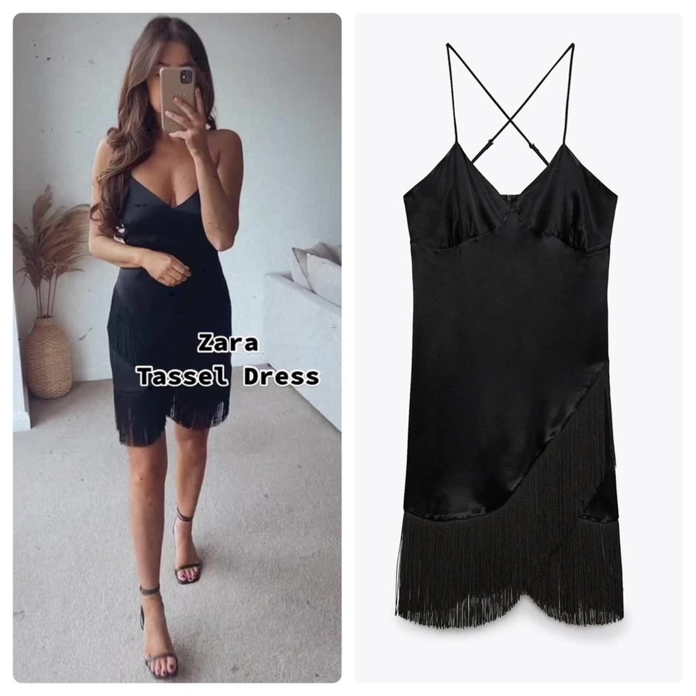 Zara Black Fringed Slip Mini Dress Size Small NWT New With Tags